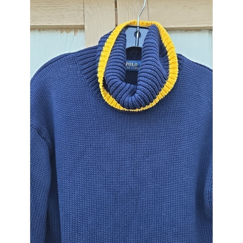Polo Ralph Lauren Double Stripe Cotton Chunky Preppy Americana Turtleneck M Navy - Picture 4 of 8